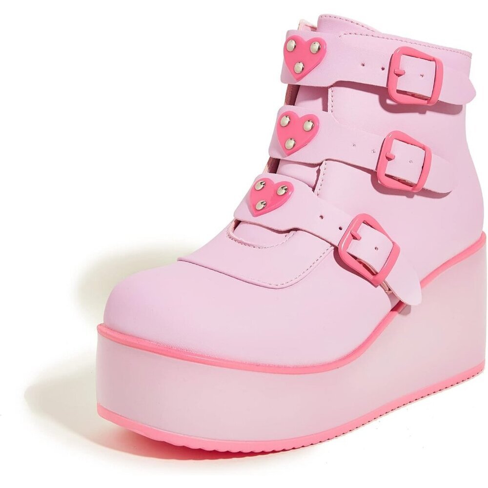 Women Pink/Fuchsia Polyurethane Rave Buckle Thick Sole Platform Ankle Boots